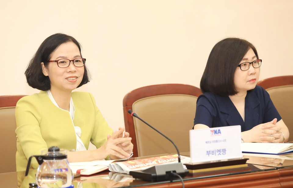 Tổng giám đốc TTXVN Vũ Việt Trang phát biểu tại buổi làm việc. (Ảnh: Tuấn Anh/TTXVN)