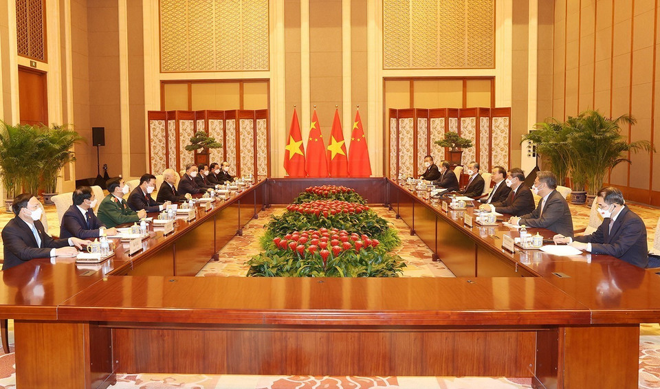 Tổng Bí thư Nguyễn Phú Trọng hội kiến Thủ tướng Trung Quốc Lý Khắc Cường. (Ảnh: Trí Dũng/TTXVN)