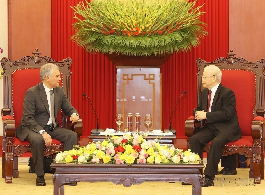Tổng Bí thư Nguyễn Phú Trọng tiếp Chủ tịch Duma Quốc gia Quốc hội Liên bang Nga Vyacheslav Volodin thăm chính thức Việt Nam (2023). (Ảnh: Trí Dũng/TTXVN)