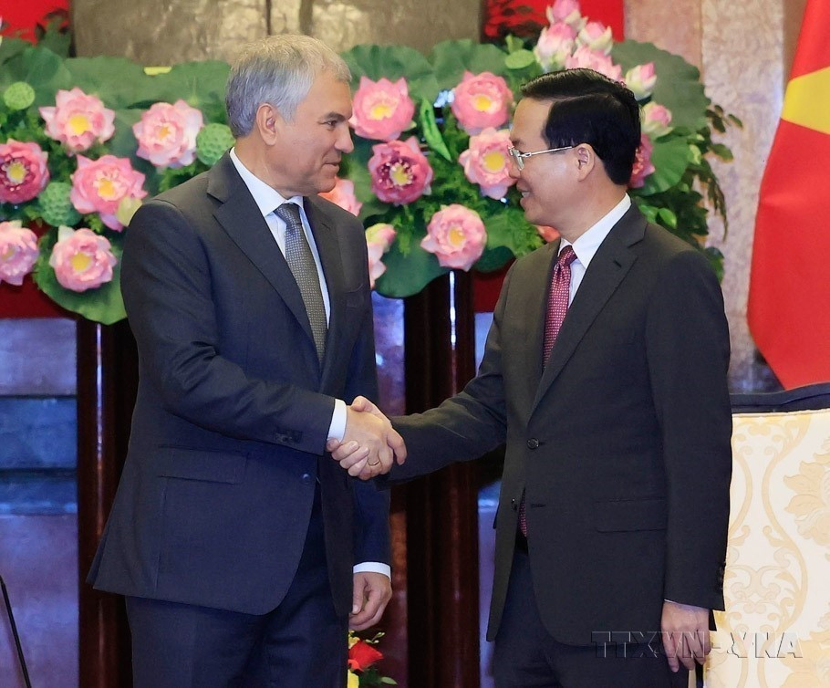 Chủ tịch nước Võ Văn Thưởng tiếp Chủ tịch Duma Quốc gia Quốc hội Liên bang Nga Vyacheslav Volodin thăm chính thức Việt Nam (2023). (Ảnh: Thống Nhất/TTXVN)