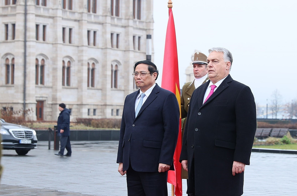 Thủ tướng Hungary Viktor Orbán chủ trì Lễ đón Thủ tướng Phạm Minh Chính. (Ảnh: Dương Giang/TTXVN)