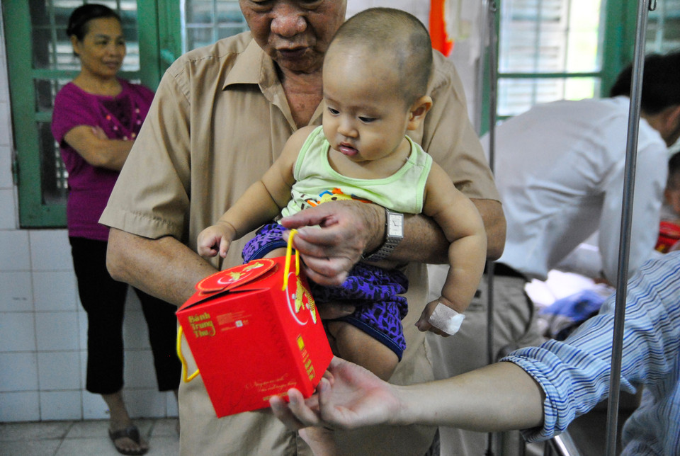 Khoảng 200 cặp bánh Trung Thu đã được lãnh đạo trung tâm và sinh viên trường Kinh tế Quốc dân tặng các em nhỏ. (Ảnh: Võ Phương/Vietnam+)