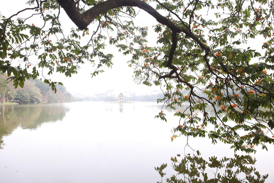 Đây là những ngày đẹp nhất trong năm khi những hàng cây thân quen bên hồ lá chuyển sắc vàng, đỏ, nhẹ rơi để lại những cành khẳng khiu đẹp như tranh vẽ soi bóng mặt gương. (Ảnh: Anh Tuấn/TTXVN)