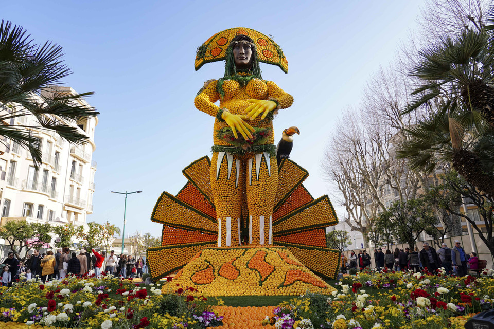 Một tác phẩm làm từ cam và chanh trưng bày tại Lễ hội Chanh lần thứ 87 ở Menton, Pháp, ngày 20/2. (Nguồn: THX/TTXVN)