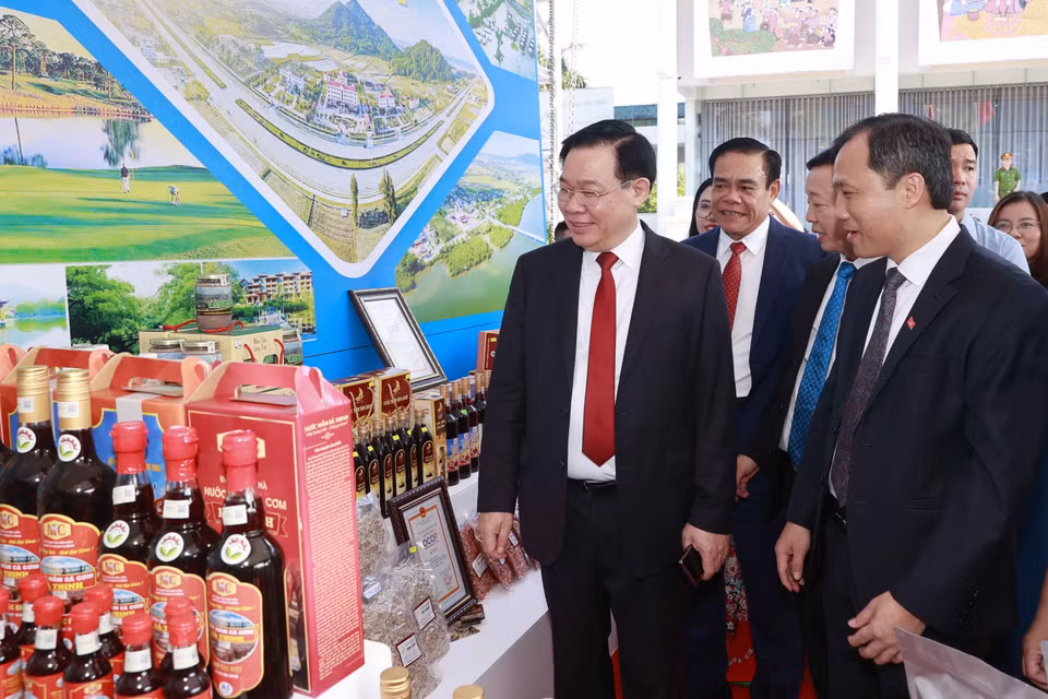Chủ tịch Quốc hội Vương Đình Huệ và đại biểu tham gian hàng trưng bày sản phẩm tiêu biểu, đặc trưng của Hà Tĩnh. (Ảnh: Doãn Tấn/TTXVN)