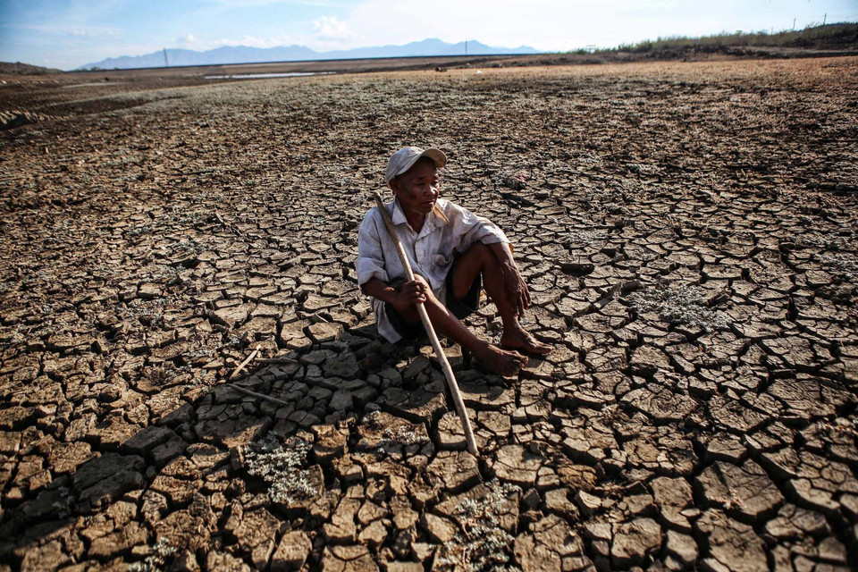 Một nông dân nơi vùng hạn Ninh Thuận lo lắng cho cuộc sống do bị ảnh hưởng bởi hạn hán kéo dài. (Ảnh: TTXVN)