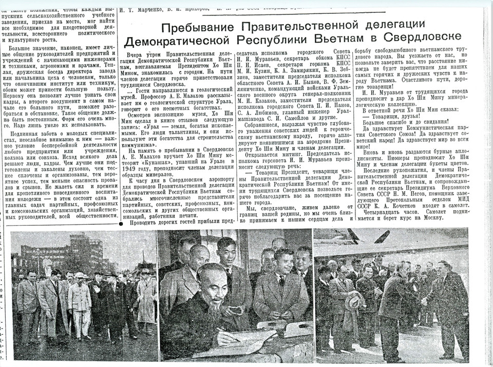 Bài trên báo Công nhân Urals về chuyến thăm Sverdlovsk của Bác. (Nguồn: TTXVN)