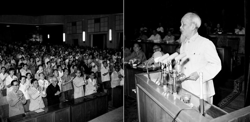 Tại kỳ họp thứ 3, Quốc hội khóa III ngày 16/4/1965, Hồ Chủ tịch phát biểu kêu gọi đồng bào và chiến sĩ cả nước tiến lên quyết tâm đánh thắng giặc Mỹ xâm lược. (Ảnh: TTXVN)