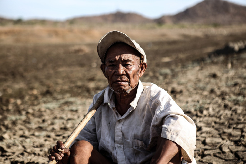 Một nông dân nơi vùng hạn Ninh Thuận lo lắng cho cuộc sống do bị ảnh hưởng bởi hạn hán kéo dài. (Ảnh: TTXVN)