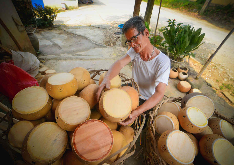 Từ khâu chọn bầu cho đến khi thành 1 hộp đàn phải trải qua hàng tháng trời ngâm, phơi, chế tác. (Ảnh: Việt Sơn/TTXVN)