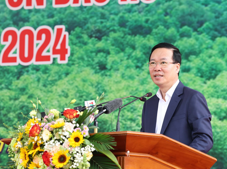 Chủ tịch nước Võ Văn Thưởng phát biểu tại Lễ phát động Tết trồng cây “Đời đời nhớ ơn Bác Hồ” Xuân Giáp Thìn 2024. (Ảnh: Thống Nhất/TTXVN)