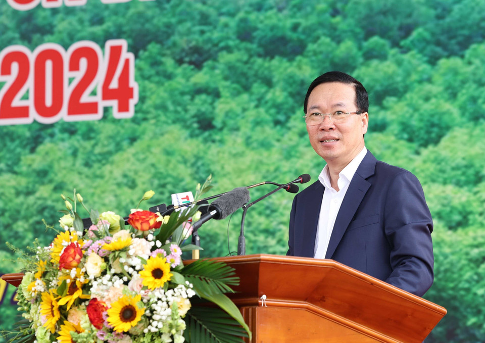 Chủ tịch nước Võ Văn Thưởng phát biểu tại Lễ phát động Tết trồng cây “Đời đời nhớ ơn Bác Hồ” Xuân Giáp Thìn 2024. (Ảnh: Thống Nhất/TTXVN)