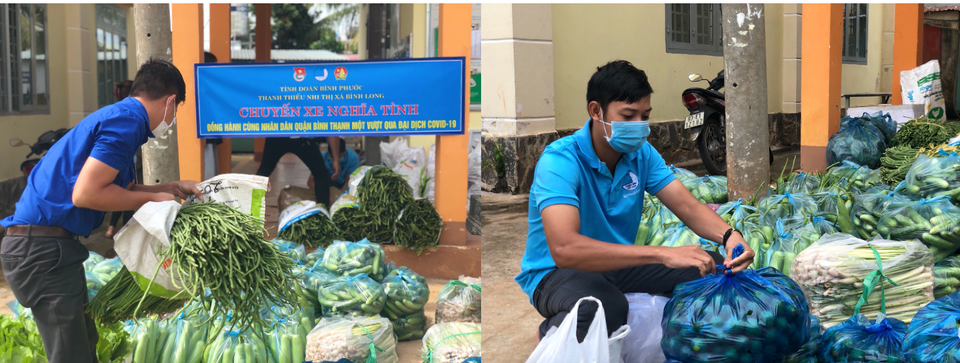 Các đoàn viên thanh niên TX Bình Long hồ hởi sắp xếp rau, củ, quả để gửi đến Sài Gòn và Bình Dương. (Ảnh: Thắng Trân/Vietnam+)