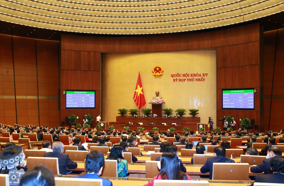 Quốc hội thông qua Nghị quyết kỳ họp thứ nhất, Quốc hội khóa XV. (Ảnh: Phương Hoa/TTXVN)