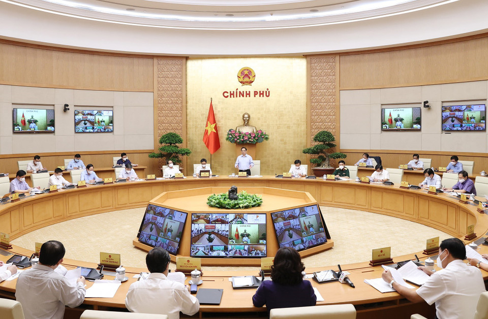 Quang cảnh Hội nghị trực tuyến tại điểm cầu Chính phủ. (Ảnh: Dương Giang/TTXVN)