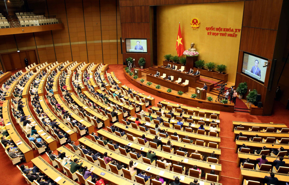 Chủ tịch Quốc hội Vương Đình Huệ phát biểu bế mạc Kỳ họp thứ nhất, Quốc hội khóa XV. (Ảnh: Phạm Kiên/TTXVN)