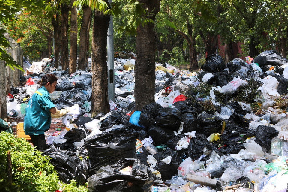 Nhân viên Công ty Môi trường phân loại rác tại khu vực Trần Hữu Dực quận Nam Từ Liêm (ảnh chụp ngày 16/7). (Ảnh: Thành Đạt/TTXVN)