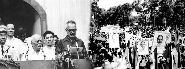 Luật sư Nguyễn Hữu Thọ, Chủ tịch Mặt trận Dân tộc Giải phóng miền Nam Việt Nam đọc diễn văn mừng chiến thắng, thống nhất đất nước trước hàng vạn đồng bào Sài Gòn, ngày 15/5/1975. (Ảnh: Tư liệu/TTXVN)