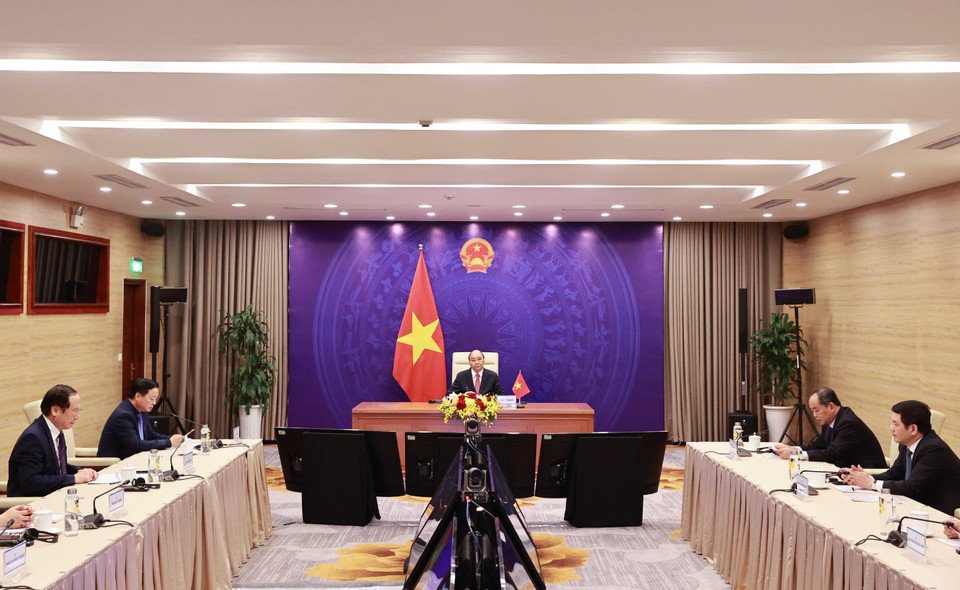 Chủ tịch nước Nguyễn Xuân Phúc phát biểu tại điểm cầu Hà Nội. (Ảnh: Thống Nhất/TTXVN)