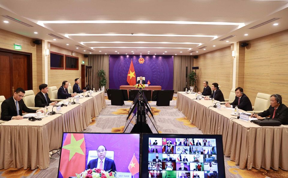 Chủ tịch nước Nguyễn Xuân Phúc phát biểu tại điểm cầu Hà Nội. (Ảnh: Thống Nhất/TTXVN)