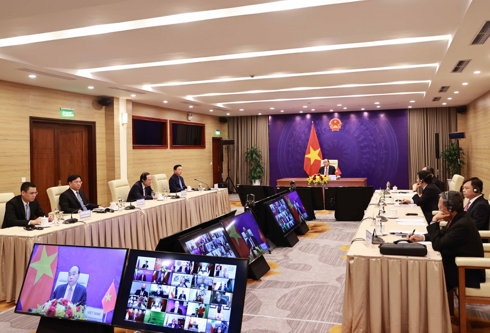 Chủ tịch nước Nguyễn Xuân Phúc phát biểu tại điểm cầu Hà Nội. (Ảnh: Thống Nhất/TTXVN)