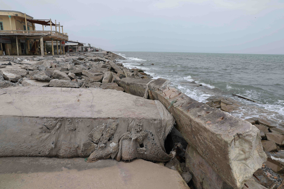 Tuyến đê biển Thịnh Long thuộc thị trấn Thịnh Long, huyện Hải Hậu bị hư hỏng nặng do bão những năm trước, hiện vẫn chưa bố trí được nguồn vốn để sửa chữa, khôi phục. (Ảnh: Vũ Sinh/TTXVN)