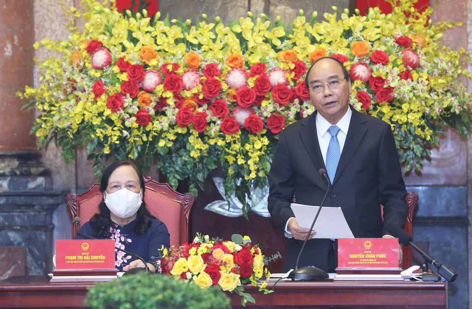 Chủ tịch nước Nguyễn Xuân Phúc phát biểu tại buổi gặp mặt Đoàn đại biểu Trung ương Hội Người cao tuổi Việt Nam. (Ảnh: Lâm Khánh/TTXVN)