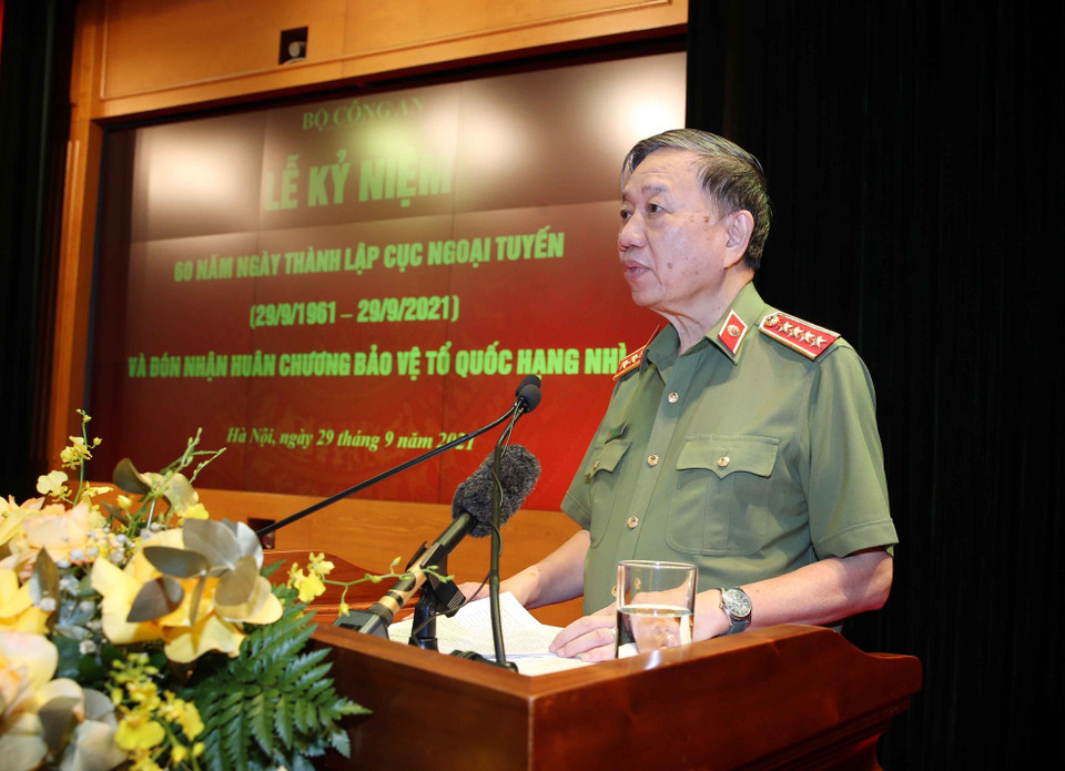 Đại tướng Tô Lâm, Ủy viên Bộ Chính trị, Bộ trưởng Bộ Công an phát biểu. (Ảnh: Phạm Kiên/TTXVN)