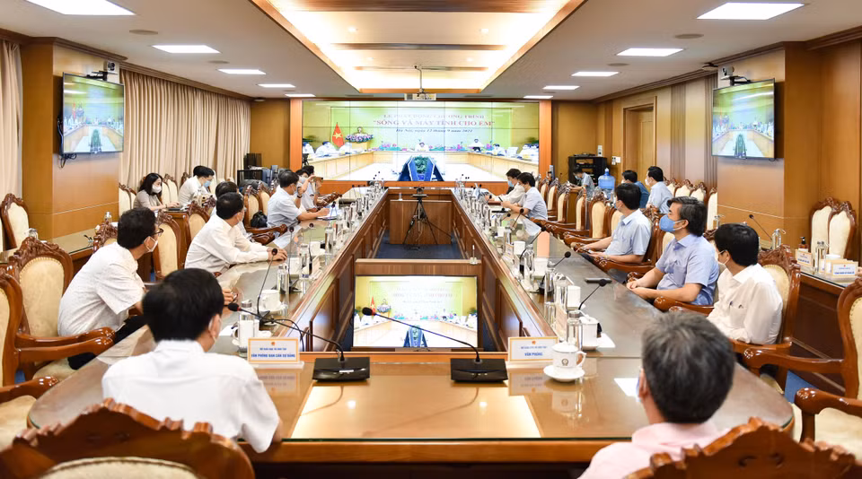 Điểm cầu Bộ Giáo dục và Đào tạo trong chương trình phát động. (Ảnh: Thanh Tùng/TTXVN)