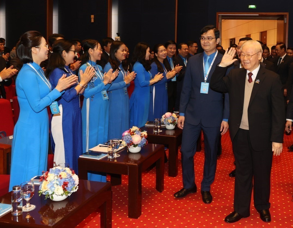 Tổng Bí thư Nguyễn Phú Trọng dự Lễ khai mạc Đại hội đại biểu toàn quốc Đoàn Thanh niên Cộng sản Hồ Chí Minh lần thứ XII, nhiệm kỳ 2022-2027, tại Trung tâm Hội nghị quốc gia (Hà Nội), sáng 15/12/2022. (Ảnh: Trí Dũng/TTXVN)
