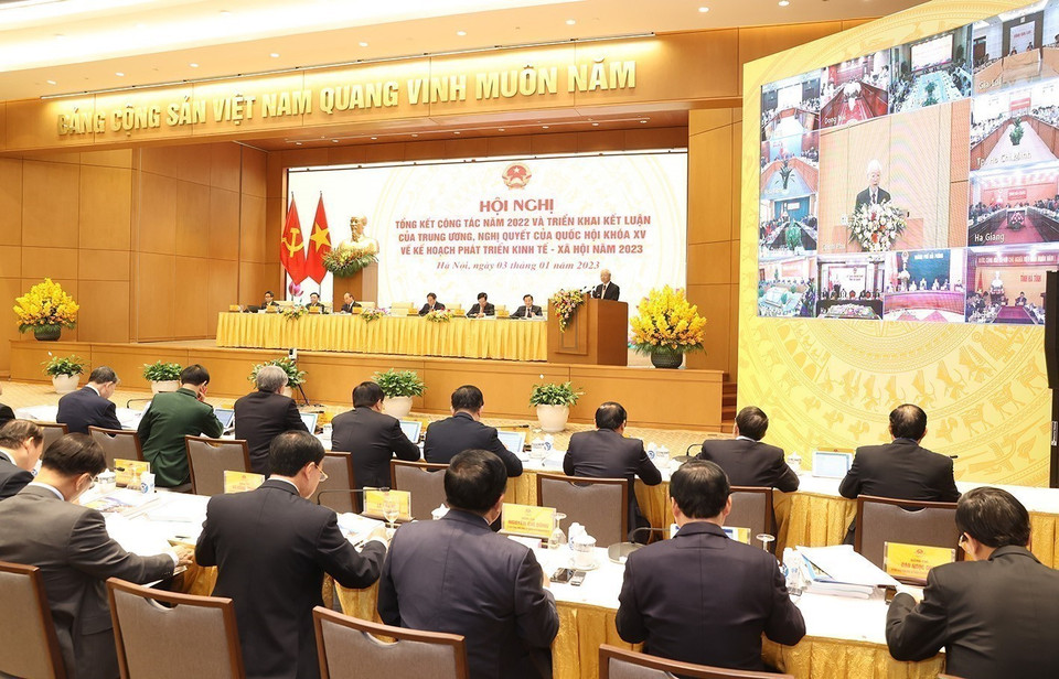 Tổng Bí thư Nguyễn Phú Trọng phát biểu chỉ đạo Hội nghị triển khai Kế hoạch phát triển kinh tế-xã hội năm 2023 (Hà Nội, 3/1/2023). (Ảnh: Trí Dũng/TTXVN)