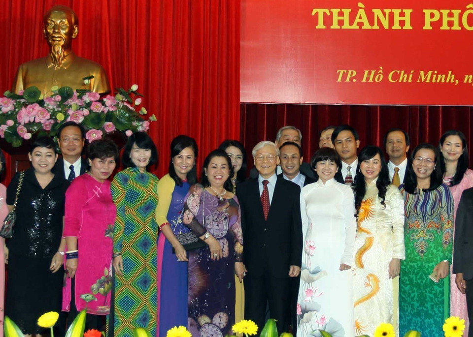 Tổng Bí thư Nguyễn Phú Trọng gặp mặt các doanh nhân tiêu biểu Thành phố Hồ Chí Minh, chiều 13/10/2015. (Ảnh: Thanh Vũ/TTXVN)