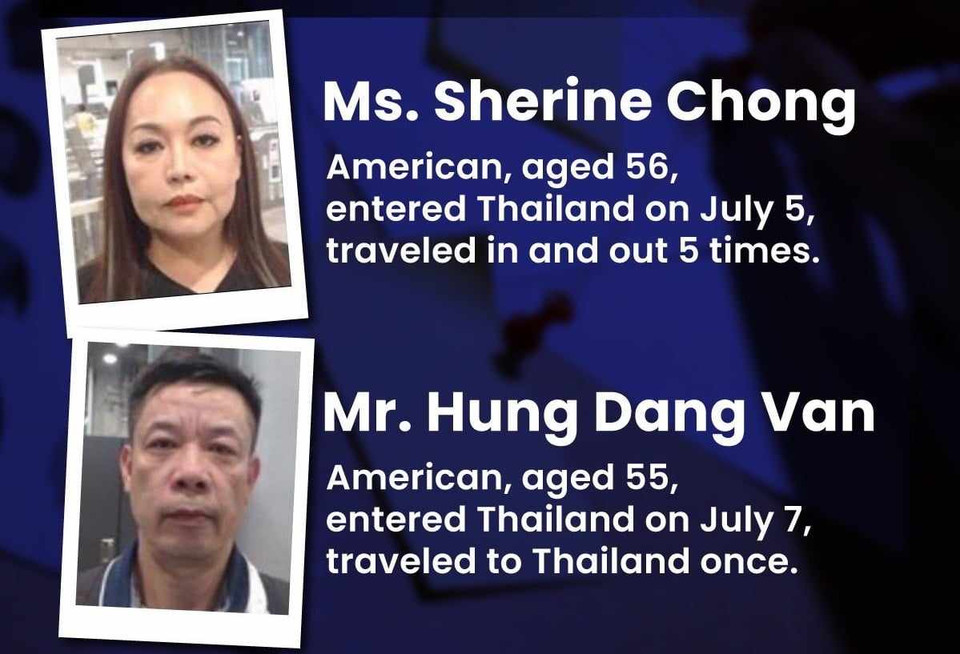 Cảnh sát Thái Lan đã xác định 2 trong số 6 người thiệt mạng là Chong Sherine, 56 tuổi và Dang Hung Van, 55 tuổi, đều có quốc tịch Mỹ. 4 nạn nhân còn lại mang quốc tịch Việt Nam, gồm Nguyen Thi Phuong Lan, 47 tuổi; Pham Hong Thanh, 49 tuổi; Tran Dinh Phu, 37 tuổi và Nguyen Thi Phuong, 46 tuổi. (Nguồn: National)