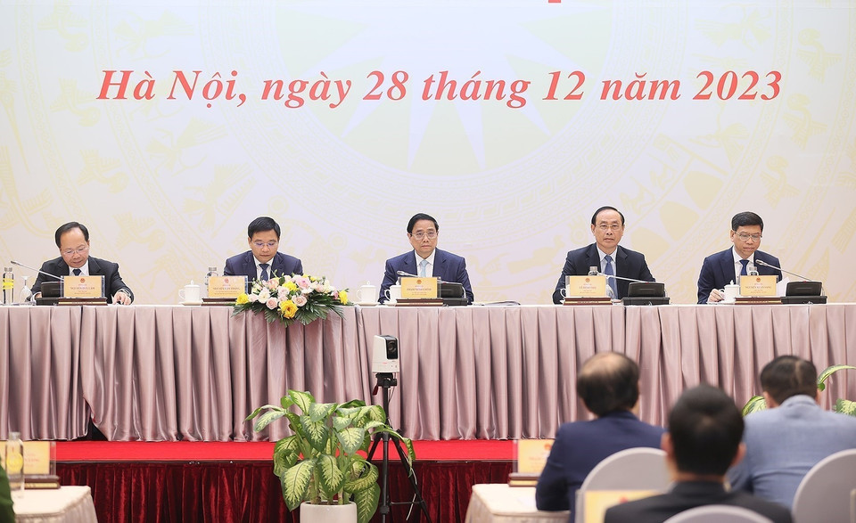 Thủ tướng Phạm Minh Chính dự Hội nghị triển khai kế hoạch năm 2024 ngành Giao thông Vận tải. (Ảnh: Dương Giang/TTXVN)