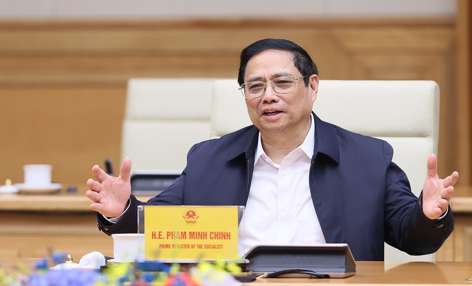 Thủ tướng Phạm Minh Chính phát biểu tại buổi tiếp ông Jensen Huang, Chủ tịch kiêm Giám đốc Điều hành Tập đoàn NVIDIA. (Ảnh: Dương Giang/TTXVN)