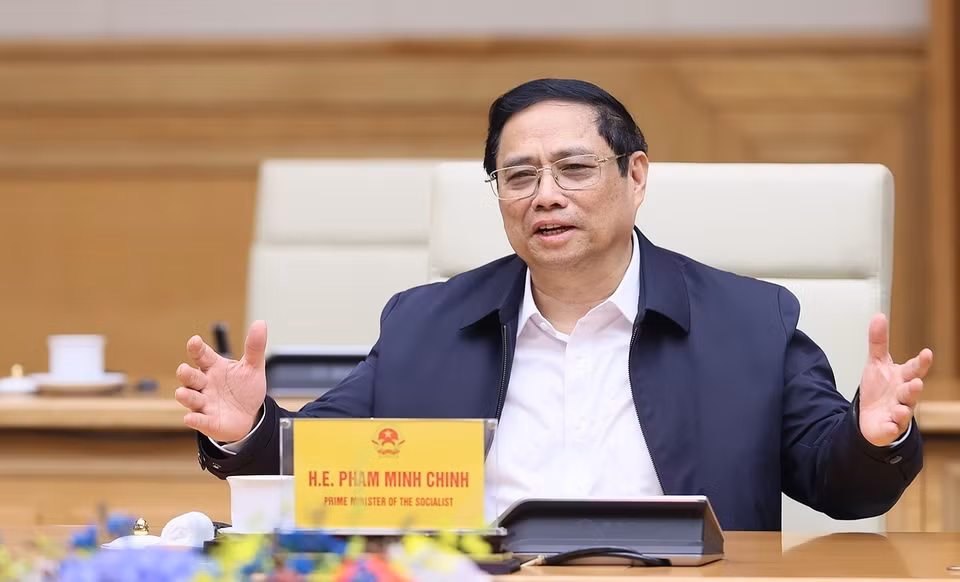 Thủ tướng Phạm Minh Chính phát biểu tại buổi tiếp ông Jensen Huang, Chủ tịch kiêm Giám đốc Điều hành Tập đoàn NVIDIA. (Ảnh: Dương Giang/TTXVN)