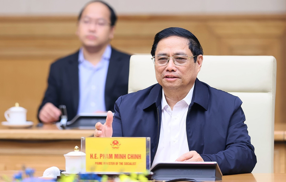 Thủ tướng Phạm Minh Chính phát biểu tại buổi tiếp ông Jensen Huang, Chủ tịch kiêm Giám đốc Điều hành Tập đoàn NVIDIA. (Ảnh: Dương Giang/TTXVN)
