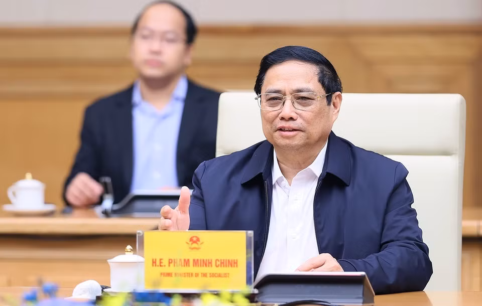 Thủ tướng Phạm Minh Chính phát biểu tại buổi tiếp ông Jensen Huang, Chủ tịch kiêm Giám đốc Điều hành Tập đoàn NVIDIA. (Ảnh: Dương Giang/TTXVN)