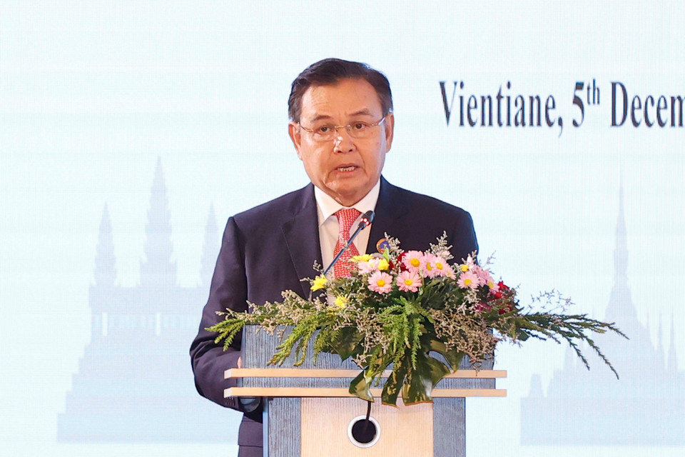 Chủ tịch Quốc hội nước Cộng hòa Dân chủ Nhân dân Lào Saysomphone Phomvihane phát biểu. (Ảnh: Doãn Tấn/TTXVN)