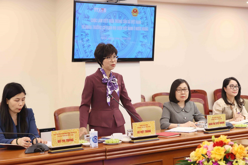 Tổng Giám đốc Thông tấn xã Việt Nam Vũ Việt Trang phát biểu tại buổi làm việc. (Ảnh: An Đăng/TTXVN)