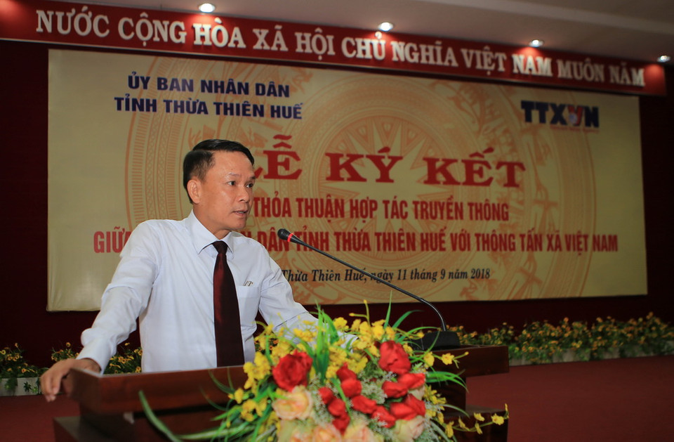 Ông Nguyễn Đức Lợi, Ủy viên Trung ương Đảng, Tổng giám đốc TTXVN, phát biểu tại lễ ký kết. (Ảnh: Hồ Cầu/TTXVN)