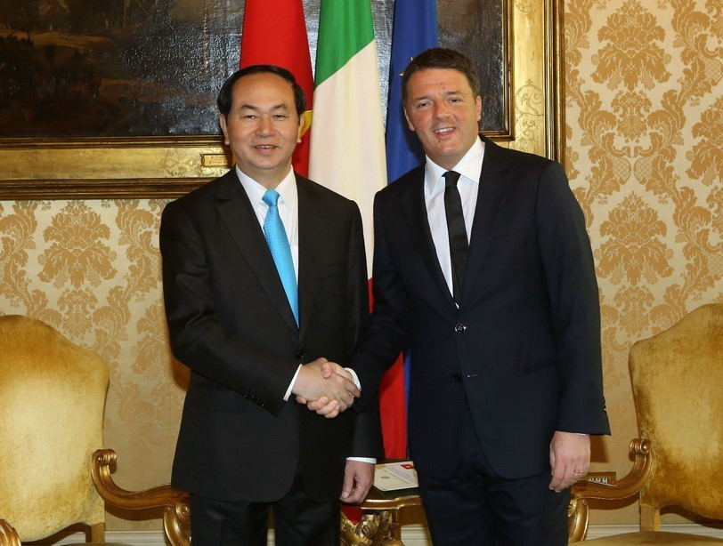 Chủ tịch nước Trần Đại Quang hội kiến Thủ tướng Italy Matteo Renzi, sáng 23/11/2016, tại Thủ đô Rome, trong chuyến thăm cấp Nhà nước tới Italy từ 21-24/11/2016. (Ảnh: Nhan Sáng/TTXVN)