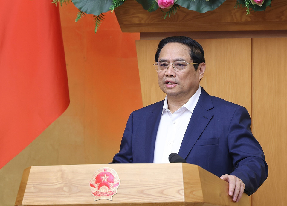 Thủ tướng Phạm Minh Chính chủ trì Phiên họp Chính phủ chuyên đề về xây dựng pháp luật tháng 4/2024. (Ảnh: Dương Giang/TTXVN)