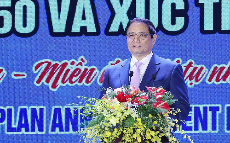 Thủ tướng Phạm Minh Chính phát biểu tại Hội nghị công bố quy hoạch tỉnh Ninh Thuận. (Ảnh: Dương Giang/TTXVN)