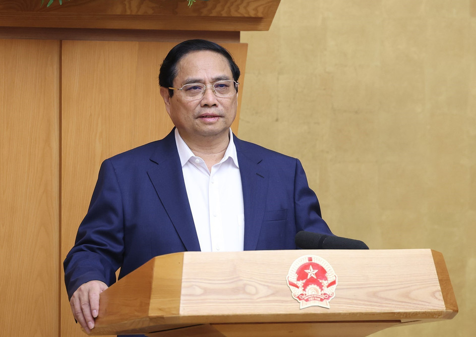 Thủ tướng Phạm Minh Chính chủ trì Phiên họp Chính phủ chuyên đề về xây dựng pháp luật tháng 4/2024. (Ảnh: Dương Giang/TTXVN)