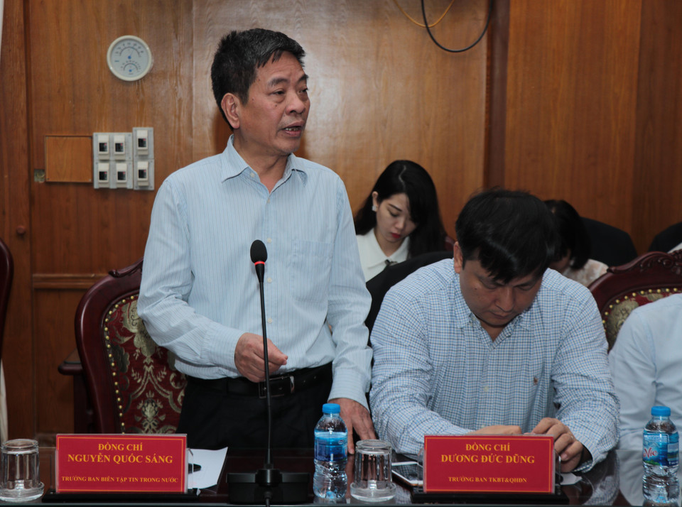 Ông Nguyễn Quốc Sáng - Trưởng Ban biên tập Tin trong nước TTXVN phát biểu tại buổi làm việc. (Ảnh: Vũ Hoàng Giang/ TTXVN)