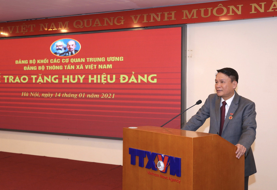 Ủy viên Trung ương Đảng, Tổng giám đốc TTXVN Nguyễn Đức Lợi phát biểu tại buổi lễ. (Ảnh: Hoàng Hiếu/TTXVN)