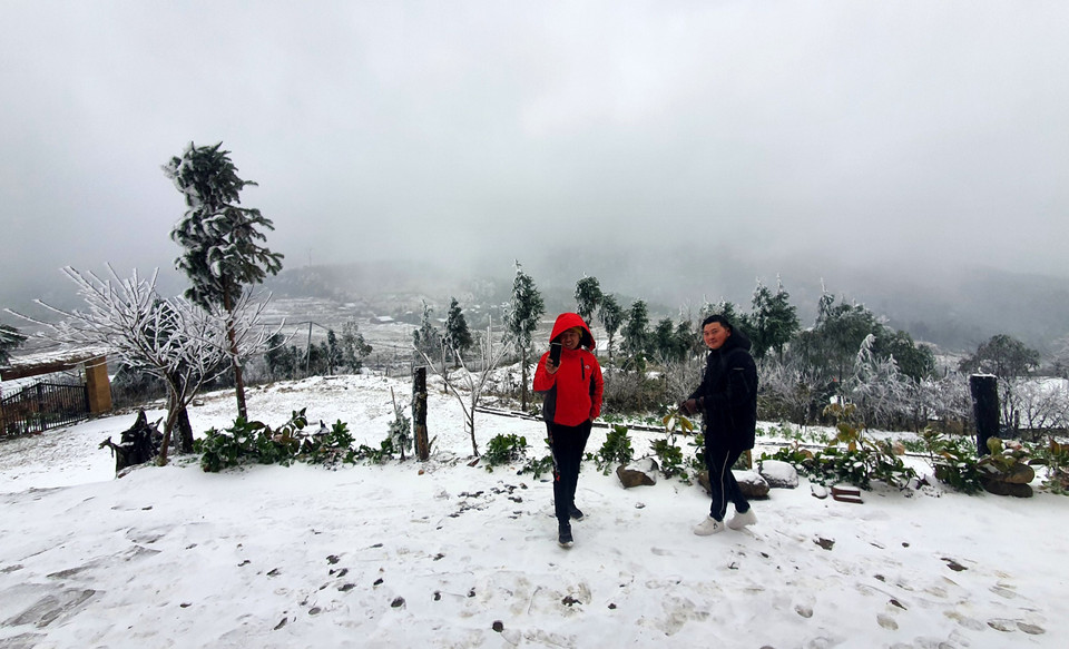 Du khách thích thú với mưa tuyết tại Y Tý. (Ảnh: Quốc Khánh/TTXVN)