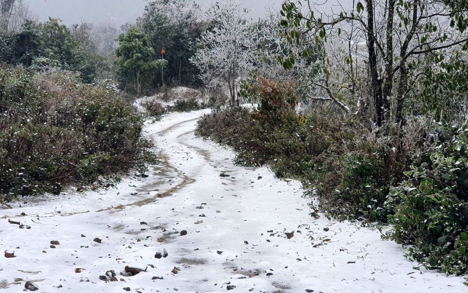 Các con đường thuộc thôn Nhìu Cô San, xã Y Tý, huyện Bát Xát, tuyết phủ dày đặc. (Ảnh: Quốc Khánh/TTXVN)