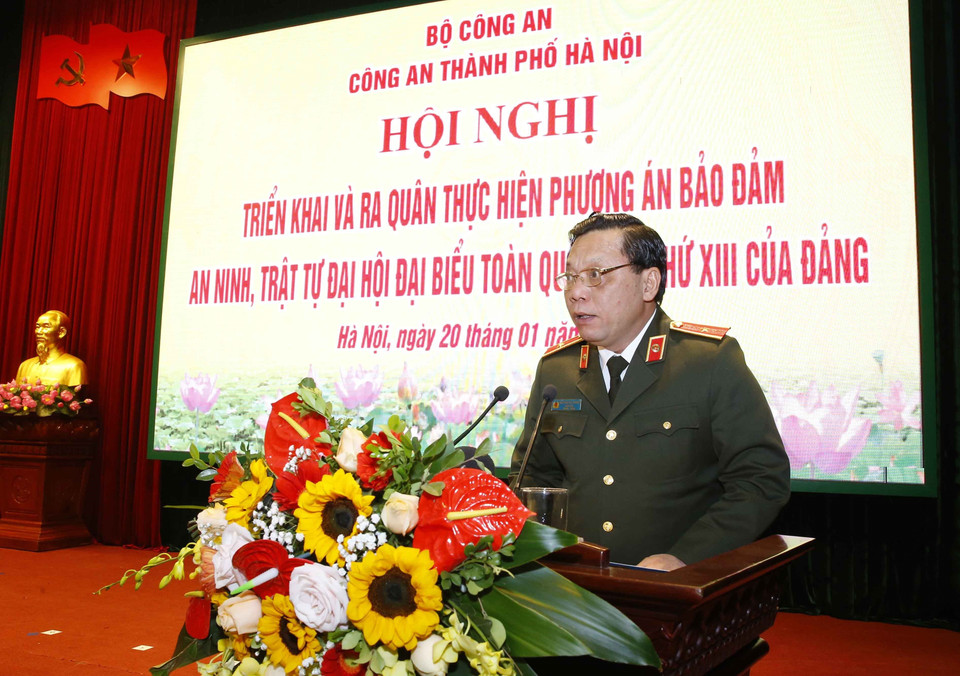 Thiếu tướng Nguyễn Hải Trung, Giám đốc Công an Thành phố Hà Nội, phát biểu. (Ảnh: Doãn Tấn/TTXVN)